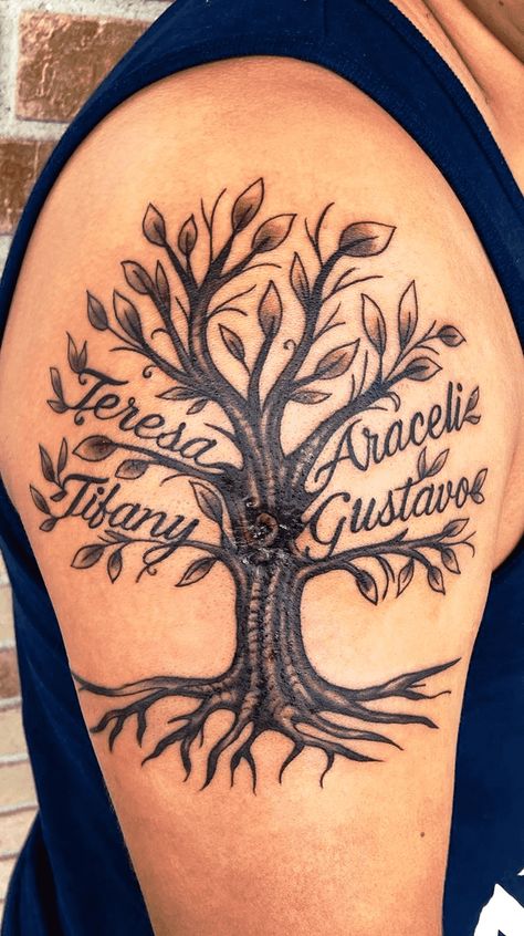 Tattoo Ideas For Men Family Tree, Memorial Tree Tattoo, Tree With Names Tattoo, Blended Family Tattoo Ideas, Family Tree Tattoos For Women, Family Tree Tattoo With Names, Family Keeper Tattoo, Family Tree Tattoo For Men, Family Tree Tattoos