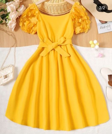 Cute Dresses For 13 Yo, Simple Yellow Dress, Teenage Dresses, Yellow Dress Casual, Teenage Dress, Yellow Casual Dress, Fancy Short Dresses, Shein Kids, Diy Vetement