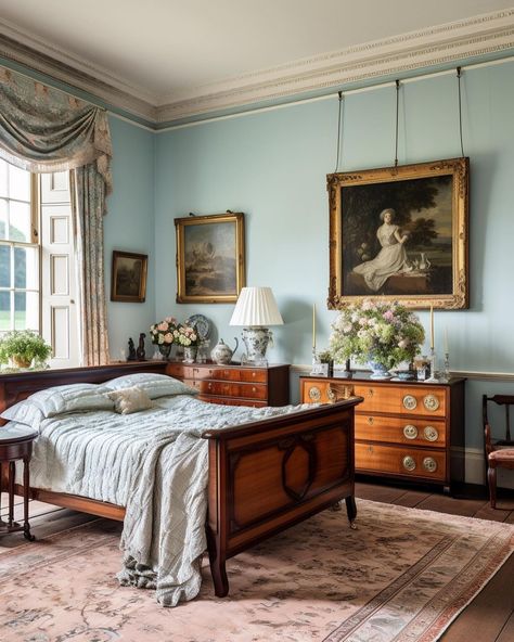 This light blue colour is growing on me! I have always read that light blue is a classic colour, it is timeless and will stand the test of… | Instagram Light Blue Vintage Bedroom, Blue Images, Light Blue Colour, Light Blue Walls, Antique Bedroom, Beautiful Bed, Inspired Interiors, Out Of Place, Vintage Bedroom