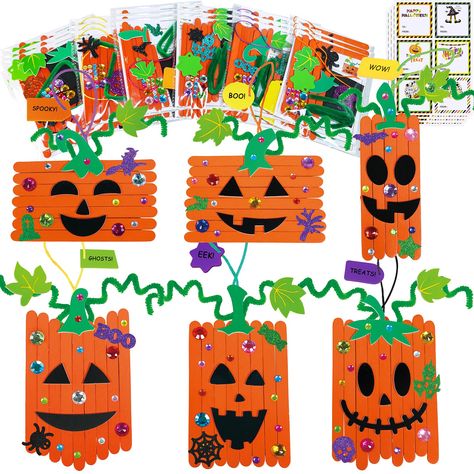 PRICES MAY VARY. 24 Single Pack Craft Stick Pumpkin Ornament Craft Kits: Each kit comes in its own package—just grab one and start the fun! Inside each pack, you'll find everything you need to make a spooky pumpkin: orange popsicle sticks, foam stickers for the pumpkin's stem, leaf, and Jack-O'-Lantern face, 2 Halloween glitter stickers, gem stickers, a twisty green chenille stem, a string for hanging, and a foam tag you can write on. Great for a fun crafting day at school or a Halloween party a Fall Kids Crafts, Pumpkin Decorating Diy, Halloween Craft Kits, Popsicle Stick Crafts For Kids, Halloween Pumpkin Crafts, Foam Stickers, Pumpkin Ornaments, Crafts Fall, Craft Sticks