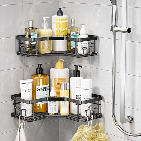 L-shaped design make corner shower caddy hold more and can better accommodate heavy containers (shampoo, conditioner, body wash, and other items) without trouble. Coming with 8 hooks for brushes, sponge, razors, shower rack could find a home in the corner of a bathroom vanity or in kitchen, laundry room. Shower Corner Shelf, Bathroom Corner Shelf, Shower Organizer, Corner Shower Caddy, Shower Rack, Shower Shelf, Shower Storage, Shower Organization, Bathroom Storage Racks