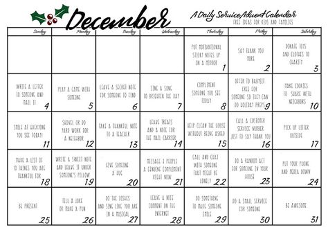 Daily "Random Acts" Service Advent Calendar and Printable!  Great way to make the holidays more meaningful.  For kids and adults.  Free or nearly free ways to serve, each day of December! Holiday Calendar Ideas, Advent Traditions, Ugly Christmas Sweater Diy, Service Activities, Christmas Sweater Diy, Xmas Party Ideas, Advent Calendar Activities, Back To December, Christmas Advent Calendars