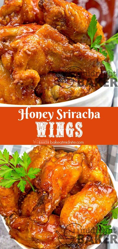 Yummy and tangy sriracha chicken wings easily done in the air fryer or oven. Siracha Chicken Wings, Chicken Wings Bbq, Honey Siracha Chicken, Wings Bbq, Sriracha Wings, Sriracha Chicken Wings, Teriyaki Chicken Wings, Hot Wing Recipe, Air Fryer Wings