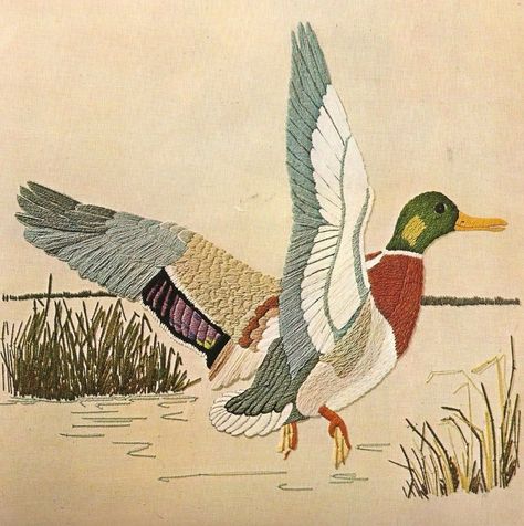 Duck Embroidery, Soft Shading, Needle Painting, Jacobean Embroidery, Crewel Embroidery Kits, Kim Chi, Tambour Embroidery, Leaf Crafts, Bird Embroidery