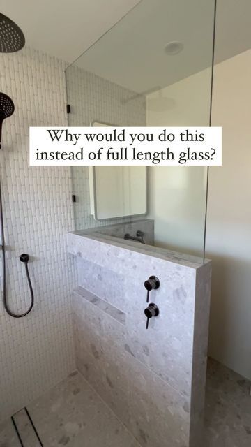 Half Glass Bathroom Door, Pony Wall Shower Niche, Glass Shower Enclosures Half Walls, Wet Room With Pony Wall, Glass Shower Doors Frameless Half Walls, Bathroom Pony Wall Ideas, Showers With Half Walls, Primary Shower Ideas, Shower With Half Wall And Glass Door