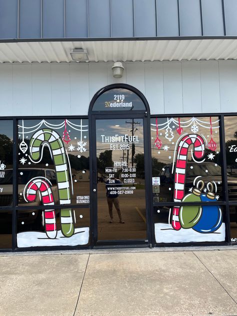 Store Front Christmas Window Painting, Hair Salon Christmas Window Painting, Salon Christmas Window Display, Christmas Store Window Painting, Christmas Window Display School, Painted Holiday Windows, Christmas Window Display Paint, Christmas Window Painting Colorful, Candy Cane Window Display