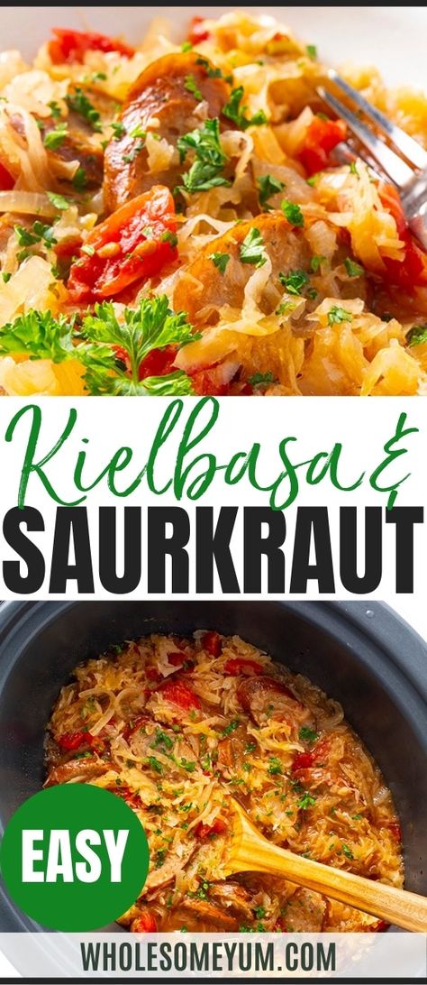 Kielbasa And Sauerkraut Recipe - See how to make kielbasa and sauerkraut in a Crock Pot - it's only 5 minutes prep time! This slow cooker kielbasa and sauerkraut recipe is an easy, delicious dinner. #wholesomeyum Sourkrout Recipes, Sauerkraut In A Crock, Kielbasa And Sauerkraut, Slow Cooker Kielbasa, Sauerkraut Recipe, Cabbage And Sausage, Healthy Bread Recipes, Wholesome Yum, Sauerkraut Recipes