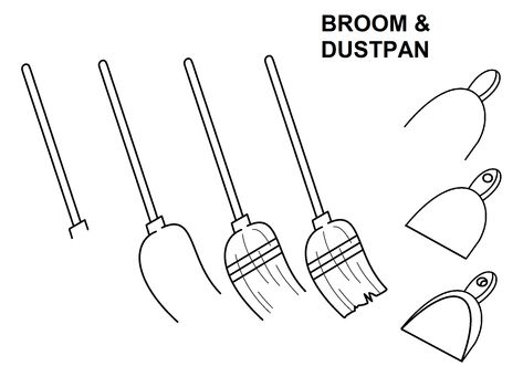 Step-by-step to draw a broom and dustpan. Broom Doodle, Broom And Dustpan, A Broom, Witch Broom, Dust Pan, Art Poster Design, Step Drawing, Drawing Videos, Step By Step Drawing