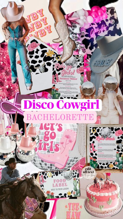 Welcome to the Disco Cowgirl Bachelorette Party Pinspiration Board, where retro disco vibes meet wild west fun in a sea of pink perfection!  Decoration Inspiration: Create a fusion of disco and cowgirl themes by incorporating glittering disco balls, pink neon lights, and fringe details reminiscent of cowgirl attire. Mix in elements like pink cowboy hats, sequined bandanas, and metallic accents to bring the theme to life. Add touches of pink throughout the decor to tie everything together in a dazzling display.  Food Inspiration: Serve up a spread that combines disco-era favorites like mini sliders and funky cocktails with cowgirl-inspired fare like BBQ skewers and hay bale snacks. Don't forget to include pink desserts like sparkly cupcakes and neon pink cotton candy to satisfy every cowgi Disco Cowgirl Bachelorette Party, Sparkly Cupcakes, Disco Cowgirl Bachelorette, Cowgirl Bachelorette Party, To The Disco, Mini Sliders, Pink Neon Lights, Disco Vibes, Cowgirl Bachelorette Parties