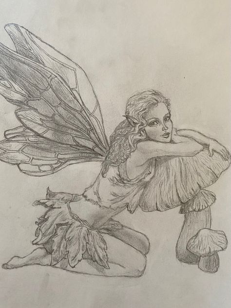 Fantasy Fairy Drawing, Fairy Figure Drawing, Earth Fairy Drawing, Fairy Grunge Art Sketches, Realistic Fairy Drawing, Fairy Sitting Drawing, Fairy Sitting On Mushroom Drawing, Fairy Garden Sketch, Fairy Poses Drawing