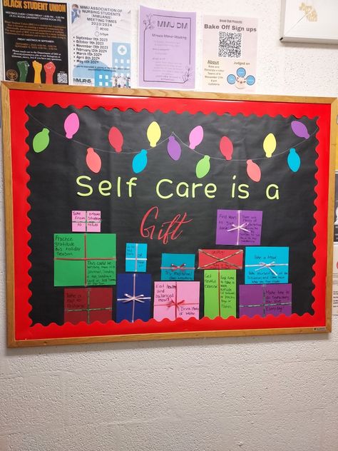 Self Care is a Gift December Mental Health Bulletin Board, Christmas Mental Health Bulletin Board, Res Life Bulletin Boards, December Bulletin Boards, Health Bulletin Boards, Ra Bulletins, Ra Boards, Ra Bulletin Boards, Res Life