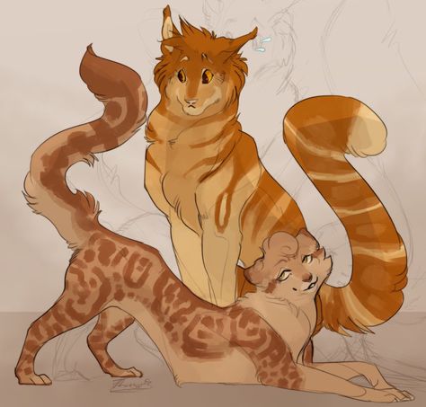 Sketch Commission:. Aspen + Bramble by Remarin on DeviantArt Warrior Cat Names, Mythical Creatures Fantasy, Warrior Cat Drawings, Cat Doodle, Big Cats Art, Warrior Cats Art, Cat Character, Fantasy Creatures Art, Mythical Creatures Art