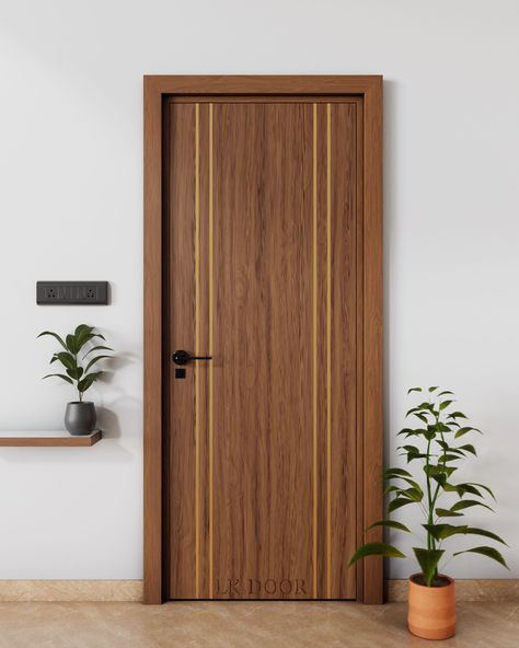 Veneer Door with Metal Inlay Experience modern elegance with this veneer door, beautifully inlaid with straight vertical metal strips. This design blends the warmth of wood with the sleekness of metal, creating a door that stands out with its contemporary style and sophistication. 🏠✨  Perfect for those who appreciate a refined and modern touch in their interiors.  📞 (+91) 8447141141 . . . #VeneerDoor #MetalInlay #ModernDesign #InteriorDesign #HomeDecor s #ContemporaryStyle #LKDoor Villa Main Door Design, Veneer Door Design, Hardik Sharma, Exterior Door Styles, Main Door Design Photos, Main Gates, House Main Door, Gate Wall Design, Gates Design