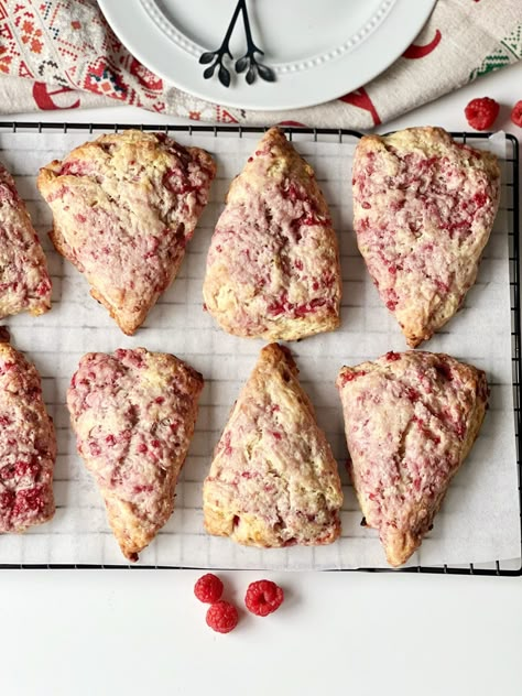 Sourdough Raspberry Scones (& a lemon glaze!) - Healing Slice Raspberry White Chocolate Scones Sourdough, Sourdough Discard Recipes Raspberry, Sourdough Discard Raspberry Scones, Sourdough Raspberry Lemon Rolls, Raspberry Sourdough Muffins, Sourdough Raspberry Scones, Raspberry Sourdough Bread, Raspberry Sourdough, Sourdough Scones Recipe