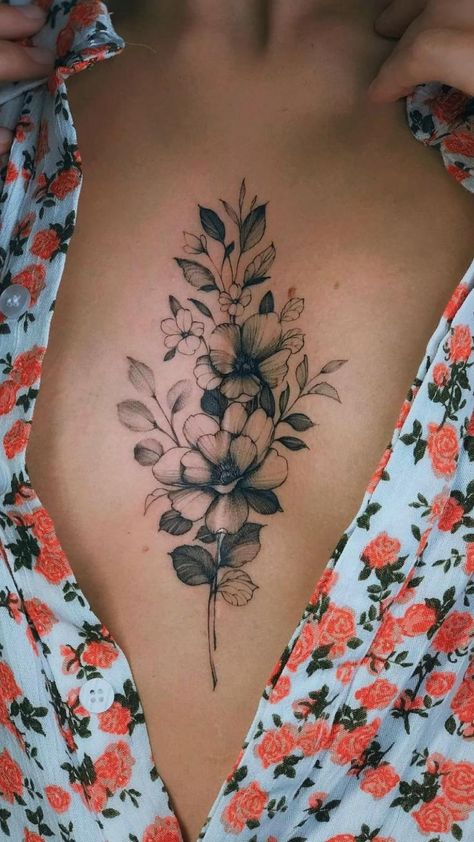 Sternum Tattoos For Women, Women Sternum Tattoo, Mandala Sternum Tattoo, Sternum Tattoos, Sternum Tattoo Design, Botanical Tattoos, Underboob Tattoo Designs, Scar Tattoo, Hip Tattoos Women