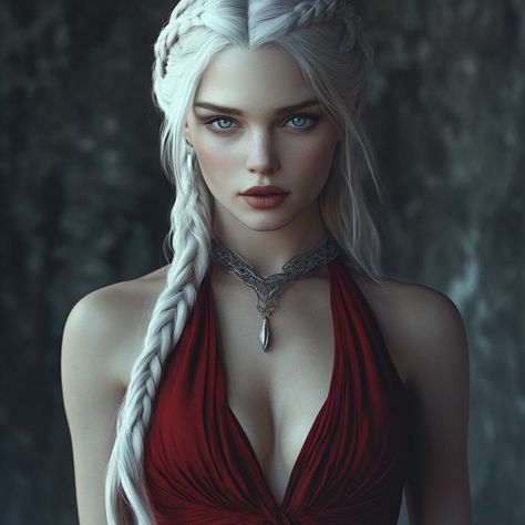 a stunningly beautiful pale skinned mischievous looking Targaryen woman with soft blue eyes and long white hair in a twisted and braided updo with pieces framing her face wearing a flowy crimson red halter top style dress with a plunging neckline Red Hair Blue Eyes Character Art, Long White Hair Woman, White Hair Character Design Female, Chinese Fancy Dress, Red Halter Top, Long White Hair, Dragon Face, Female Elf, Targaryen Art