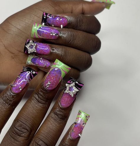 #nails #nailinspiration #duckies #fashion Duck Tip Nails Y2k, Scene Acrylic Nails, Colorful Y2k Nails, 2000 Duck Nails, Emo Duck Nails, Duck Nail Designs Y2k, 2000s Duck Nails, 2000s Nails Acrylic Y2k, Early 2000s Nail Designs