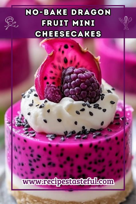 These colorful and refreshing No-Bake Dragon Fruit Mini Cheesecakes are a delightful treat for any occasion. With a creamy filling and vibrant dragon fruit layer, they are not only delicious but also visually stunning. Dragon Fruit Cheesecake Recipes, Dragon Fruit Dessert, Fruit Cheesecake, Vanilla Whipped Cream, Fruit Puree, Fruit Slice, Mini Cheesecakes, Whipped Topping, Graham Cracker Crumbs