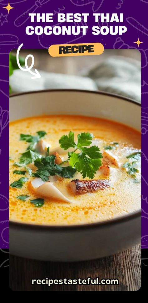 This Best Thai Coconut Soup combines the rich creaminess of coconut milk with the spicy warmth of red curry paste, fresh ginger, and lemongrass. Topped with tender shrimp (or chicken), earthy shiitake mushrooms, and a burst of lime juice, it’s a comforting, flavorful dish that’s sure to impress. This soup is not only delicious but also easy to make in under 30 minutes. Perfect for weeknight dinners or special occasions! #ThaiCoconutSoup #ShrimpSoup #ThaiRecipes #CoconutMilkSoup #HealthySoup Thai Soup Recipes Coconut, Thai Soup Recipes, Chicken Coconut Soup, Thai Coconut Chicken Soup, Soup With Coconut Milk, Thai Coconut Soup, Coconut Curry Soup, Tom Kha, Coconut Milk Soup