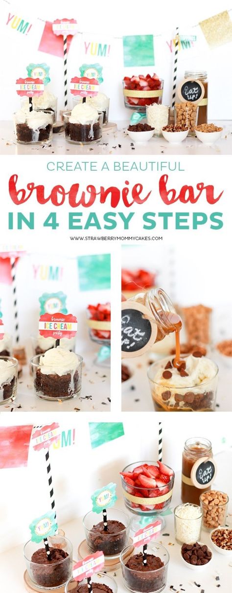 Create a Beautiful Brownie Bar in 4 Easy Steps - Printable Crush Brownie Sundae Bar, Ideas For Party Food, Gourmet Burger Bar, Oatmeal Bar, Party Food Bars, Bagel Bar, Salsa Bar, Party Food Bar, Brownie Sundae