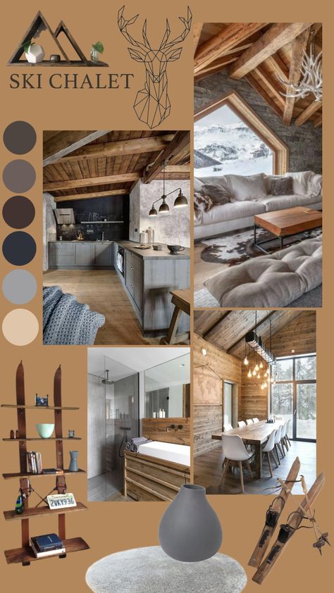 Lodge Mood Board, Mountain Home Mood Board, Ski Chalet Color Palette, Rustic Mood Board Interior Design, Chalet Moodboard, Mountain Mood Board, Ski Condo Decor Interior Design, Chalet Aesthetic, Scandinavian Cabin Interior