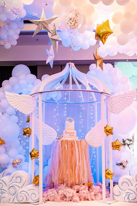 Heaven Theme Birthday Party, Angel Theme Birthday Party Decorations, Baptismal Theme Girl Backdrops, Heaven Party Decorations, Heaven Themed Party Decoration, Takleef Party, Heaven Party Theme, Angel Birthday Theme, Angel Theme Birthday Party