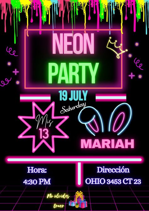 Glow Party Invite, Neon Birthday Party Invitations, Neon Party Invitations Template, Neon Birthday Party For Teens, Neon Birthday Invitations, Glow Party Invitations, Neon Pool Parties, Neon Party Invitations, Neon Glow Party