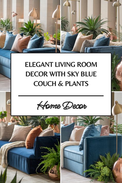 Elegant living room with a sky blue couch, lush plants, and warm lighting. Blue Velvet Couch Styling, Blue Couch Living Room Decor, Sky Blue Couch, Kitchen Flooring Trends, Blue Couch Living, Blue Sofa Living, Light Blue Sofa, Kitchen Tile Inspiration, Blue Velvet Couch