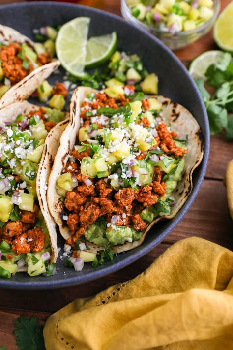 Ground Pork Al Pastor Tacos with Pineapple Salsa Pork Al Pastor Tacos, Pork Al Pastor, Maple Bacon Brussel Sprouts, Ground Pork Tacos, Kalefornia Kravings, Tacos With Pineapple Salsa, Al Pastor Tacos, Kale Pesto Pasta, Tacos With Pineapple