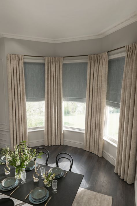 Bay Window Curtains Living Room, Bay Window Dressing, Bay Window Decorating Ideas, Curtains Over Blinds, 1930s Living Room, Bay Window Decor, Bay Window Treatments, Curtain Designs For Bedroom, Bay Window Living Room