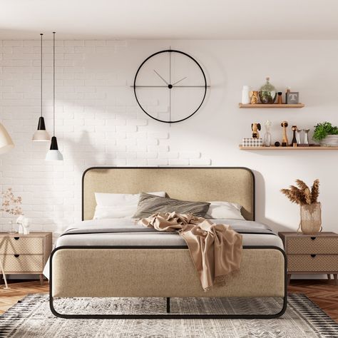 Arnasia Upholstered Metal Platform Bed Cheap Bed Frame, Platform Bed Upholstered, Bed Platform, Queen Size Platform Bed, Cheap Bedding, High Quality Bedding, Metal Platform Bed, Metal Bed Frame, Mattress Springs