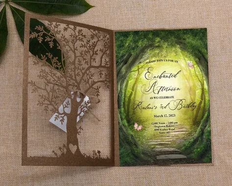 Enchanted Forest Laser Cut Tree Quinceanera Invitation, Rustic Wedding Invitation Suite, Country Bohemian Wedding Enchanted Forest Wedding Invitations, Enchanted Forest Quinceanera, Laser Cut Tree, Enchanted Forest Wedding Theme, Forest Invitation, Velvet Invitation, Invitations Quinceanera, Forest Wedding Invitations, Enchanted Forest Theme