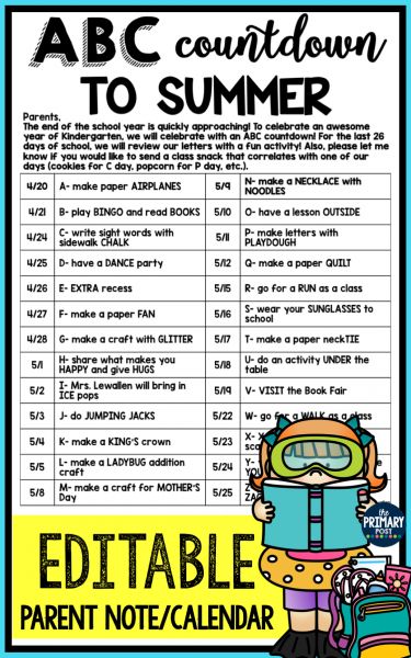 ABC Countdown and Snack Ideas A-z End Of Year Countdown, Countdown To End Of School Year, Abc Countdown To Summer First Grade, Abc Of Summer Activities, End Of Year Countdown Ideas 2nd Grade, Countdown To Summer Classroom Activities, End Of Year Alphabet Countdown, Abc End Of Year Countdown, 1st Day Of Summer Activities