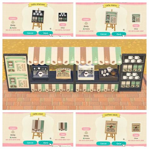 Animal Crossing Cafe Floor Qr Codes, Acnh Cafe Sign Designs, Acnh Cafe Stall, Acnh Cafe Simple Panel, Cafe Stall Design Animal Crossing, Acnh Coffee Shop Panel Designs, Animal Crossing Coffee Shop Design Code, Acnh Cake Stall Design, Cafe Menu Acnh