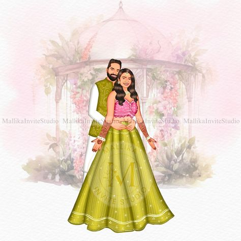 Mehendi Couple Illustration, Mehendi Caricature, Mehendi Illustration, Pink And Green Lehenga, Mehendi Invite, E Invitations, Groom Cartoon, Couple Illustration Wedding, Bride And Groom Cartoon