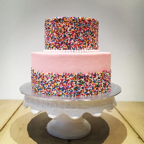 Sprinkle theme two tiered pink birthday cake Two Tier Sprinkle Cake, Blue Cake 2 Tier, Vintage Cake 2 Tier, Cake 2 Tier Birthday, Birthday Cake Two Tier, Blue Vintage Cake, Sprinkle Theme, Cake 2 Tier, Sprinkle Birthday