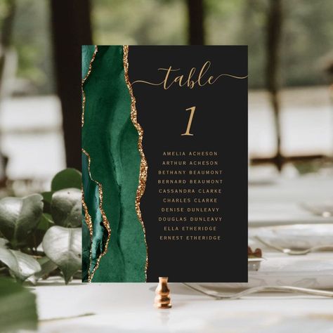 Emerald Green Gold Agate Dark Wedding Table Number Teal Black Gold Wedding Decorations, Teal And Black Wedding, Deep Purple Wedding, Purple Wedding Tables, Word Table, Modern Wedding Table, Teal Watercolor, Wedding Wishlist, Table Number Card