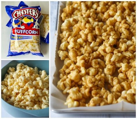 Butter Puff Carmel Corn, Caramel Puffed Corn Recipe, Puffed Corn Recipes, Caramel Puff Corn, Corn Puffs, Caramel Corn Recipes, Buttered Corn, Puff Recipe, Snack Mix Recipes