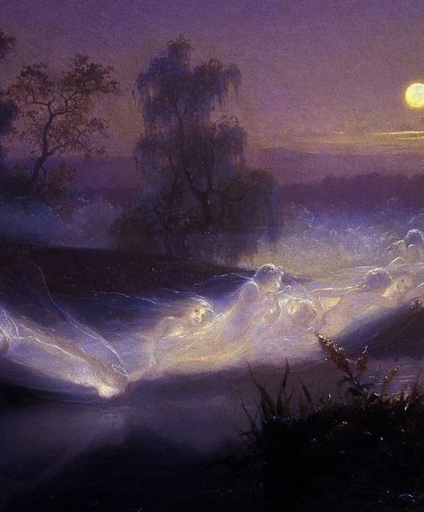 Dancing Fairies, At Night, Dancing, Trees, Purple, Water, Art