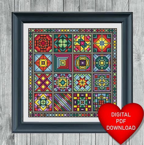 Quaker Quilt Style Cross Stitch Pattern, Instant PDF Download, X Stitching, 14ct Aida, Embroidery, DMC Floss Threads, Textile Collage Textile Collage, Patterned Sheets, Dmc Floss, Extra Fabric, Cross Stitch Pattern, Pdf Pattern, Stitch Pattern, Pdf Download, Helpful Hints