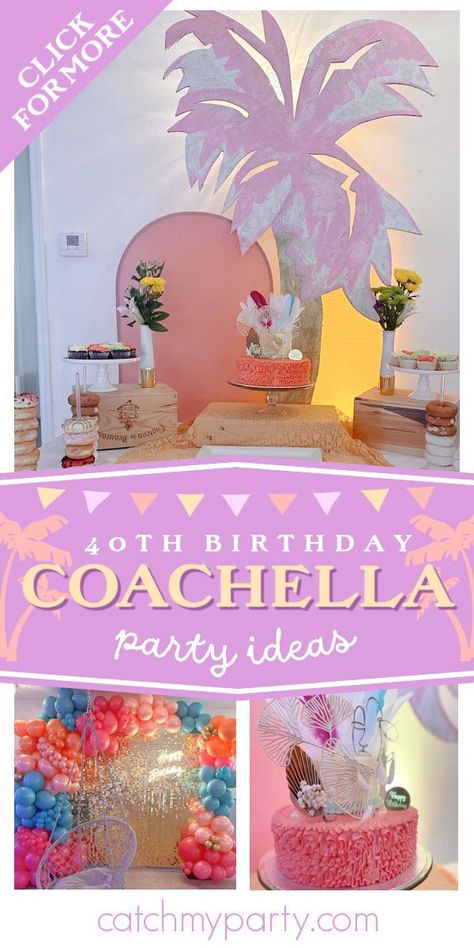 Take a look at this beautiful Coachella-themed 40th birthday party! The cake is gorgeous! See more party ideas and share yours at CatchMyParty.com Coachella 40th Birthday, Coachella Theme Centerpieces, Coachella Cake Ideas, Coachella Party Ideas Decor, Festival Birthday Party Ideas, Coachella Theme Party Decoration, Coachella Cake, Coachella Birthday Party, Coachella Party Theme