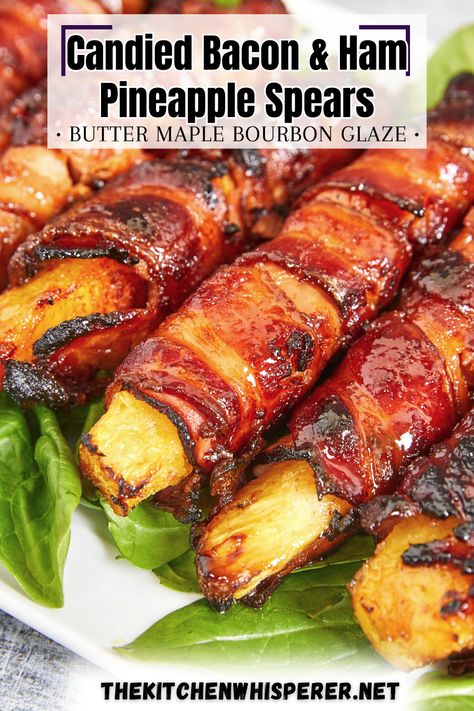 Get ready for a mouthwatering culinary adventure with a sweet and savory twist. Imagine crispy bacon, candied ham, juicy pineapple that's baked to perfection and finished with a decadent buttery maple bourbon glaze!Ultimate Buttery Maple Bourbon Glazed Candied Bacon Pineapple Spears, bacon wrapped pineapple, yoder smokers pizza oven, maple bourbon butter sauce, candied ham, summer cookout recipes, cookout appetizers, grilled pineapple Bacon Pineapple Appetizers, Game Day Grill Recipes, Bbq Competition Presentation Ideas, Game Day Smoker Recipes, Bacon Wrapped Food, Smoked Thanksgiving Recipes, Spam Appetizers, Fall Grilling Recipes, Side Dishes On The Grill