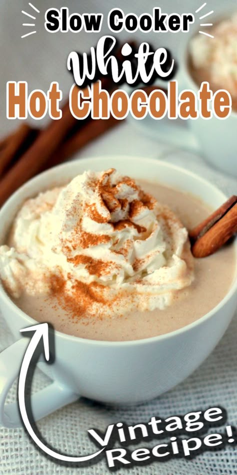 SLOW COOKER WHITE HOT CHOCOLATE, made in the crock pot and ready when you are! Rich, full of flavour and made with white hot chocolate and cinnamon. #slowcooker #hotchocolate #slowcookerhotchocolate #crockpot #hotchocolaterecipe Cinnamon White Hot Chocolate, Slow Cooker White Hot Chocolate, Crock Pot White Hot Chocolate, White Hot Chocolate Crockpot, Crockpot White Hot Chocolate, Slowcooker Hotchocolate, Tailgating Drinks, Slow Cooker Short Ribs, Crock Pot Hot Chocolate Recipe