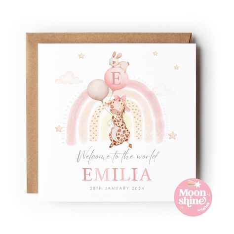 Personalised  New Baby Girl Card,  baby card, Congratulations Welcome to the World,New Baby Card, Birth Details Baby Girl Card, new parents Welcome To The World Baby Girl, Baby Girl Card, New Baby Card, Birth Details, Balloon Design, Baby Giraffe, Welcome To The Party, Baby Card