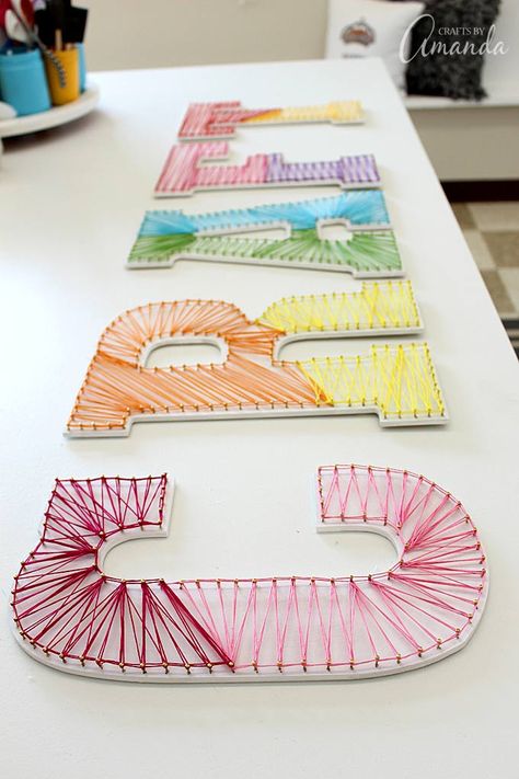 Colorful String Art Wall Letters. Fun idea for a kids room too! Maker Fun Factory Vbs, String Art Wall, Maker Fun Factory, Alfabet Font, Dream Craft Room, String Art Patterns, Wall Letters, Scrapbook Room, Craft Room Decor