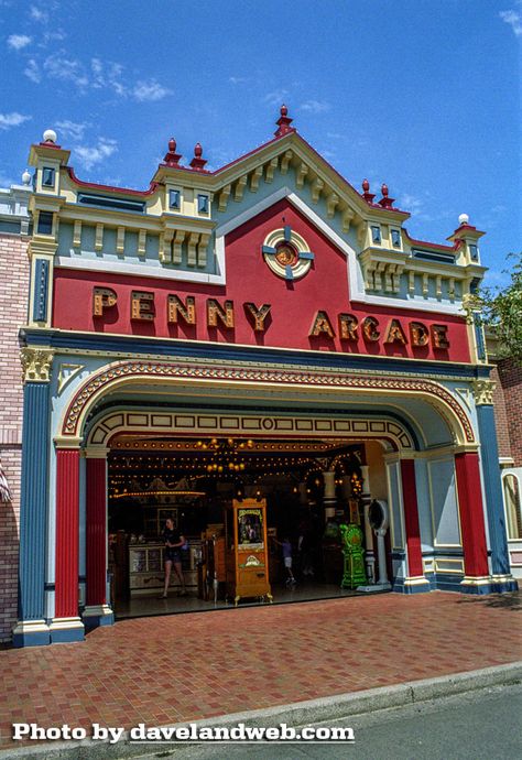 Davelandblog: Main Street U.S.A.'s Penny Arcade Arcade Exterior, Arcade Building, British Beach, Disneyland Main Street, Salt City, British Beaches, Planet Coaster, Disneyland Castle, Penny Arcade