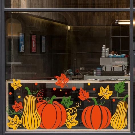 DesignStickersStore - Etsy Ukraine October Window Display Classroom, Autumnal Window Art, Pumpkin Window Art, Fall Window Art Ideas, Halloween Window Display Retail, Pumpkin Window Painting, Thanksgiving Window Art, Autumn Window Decorations, Autumn Window Art