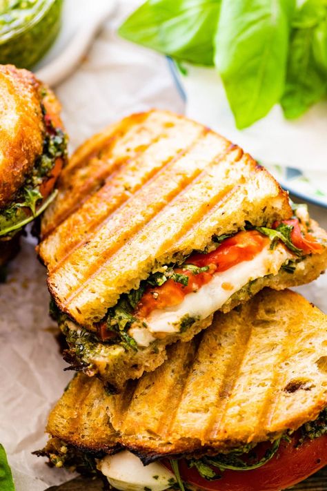 Caprese Sandwich Recipe with Basil Pesto (Panini) - CucinaByElena Pesto Sandwich Recipe, Caprese Sandwich Recipe, Recipe With Basil, Pesto Wrap, Caprese Panini, Pesto Panini, Meatless Meals Healthy, Tapenade Recipe, Pesto Sandwich