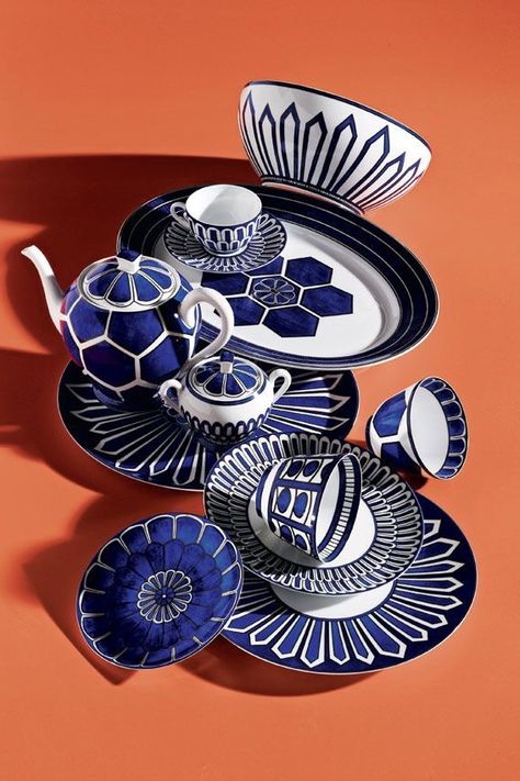 Hermès | Bleus D'Ailleurs Dinnerware Collection | home decor | luxury tableware |#hermes #dishes #tableware #blueberry Hermes Plates, Blue And White Dishes, Hermes Home, Luxury Tableware, White Dishes, Porcelain Dinnerware, Blue And White China, Orange Background, The Shape