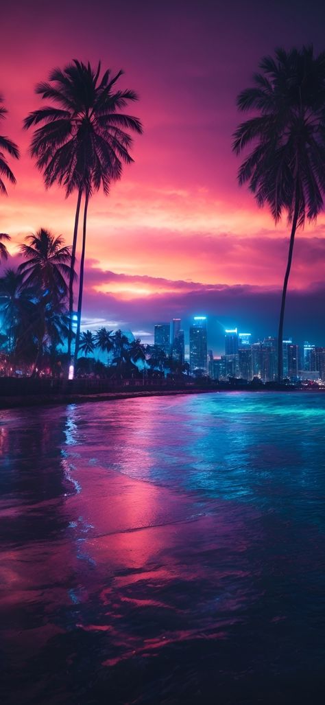 Purple Skyline, Cute Screen Savers, Purple Lights, Lock Screen Backgrounds, Urban Beach, Miami City, Trippy Visuals, Aloha Beaches, Pretty Phone Wallpaper